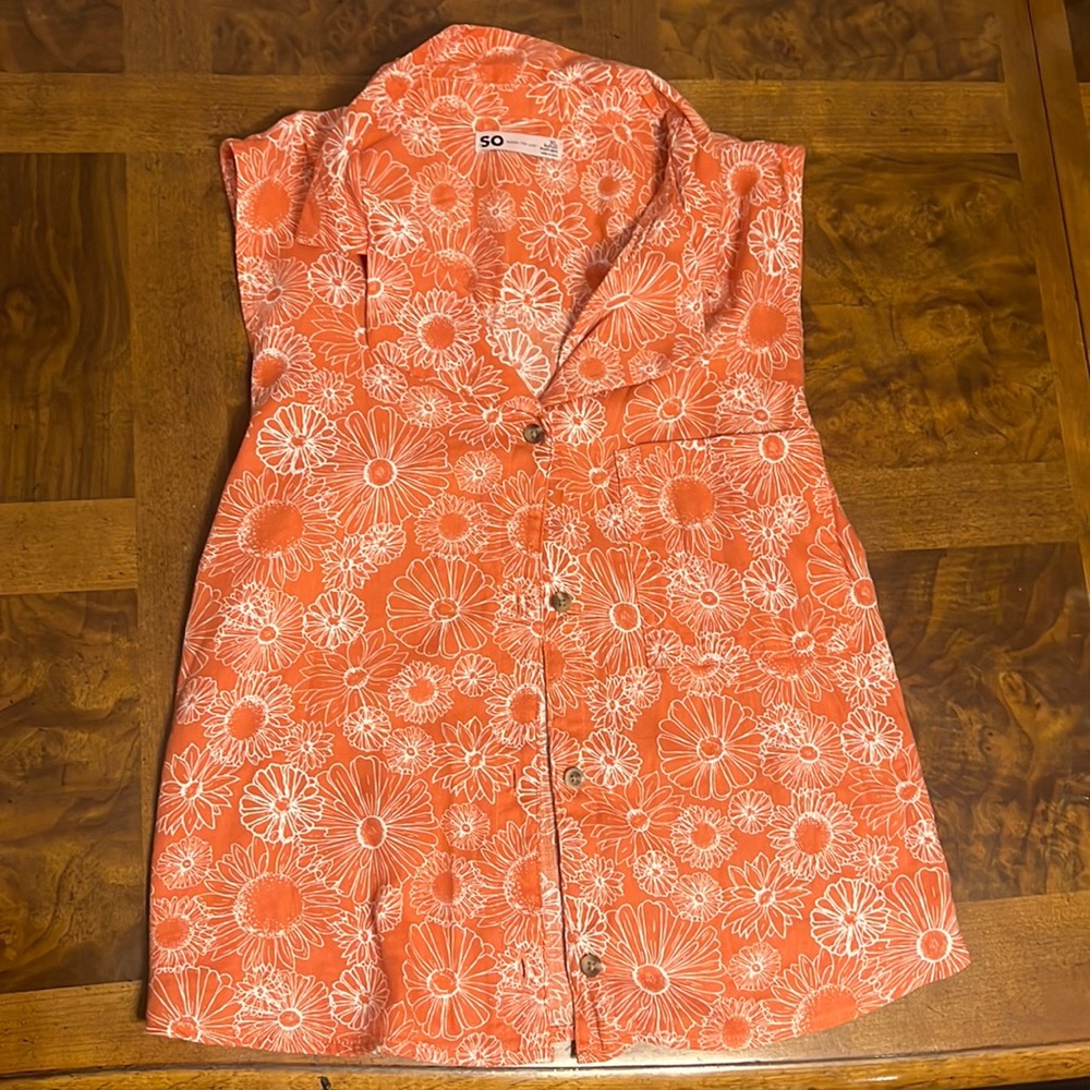 Orange with white flowers sleeveless button down